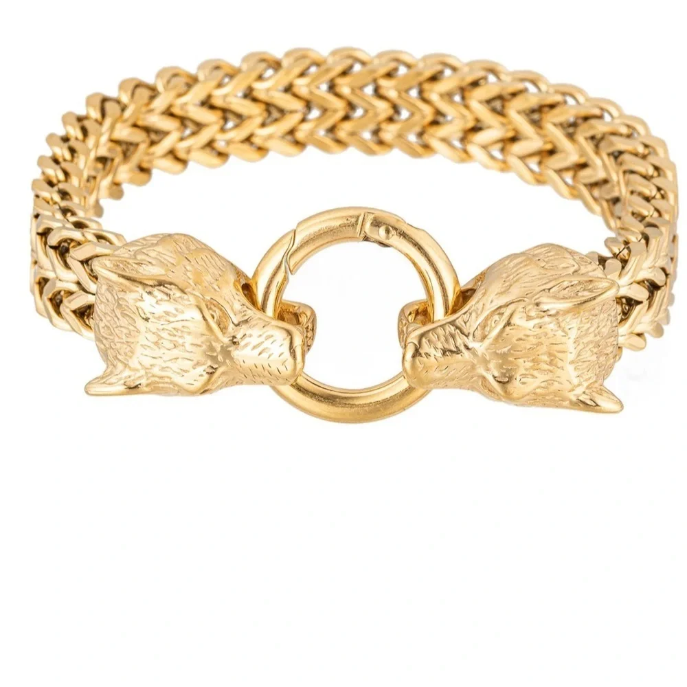 NEW 14k gold Titanium Wolf Head Franco Link Bracelet Mens